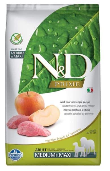 Беззерновое питание для собак Сухой корм для собак Farmina N&D GF Prime Adult Medium & Maxi (кабан и яблоко)