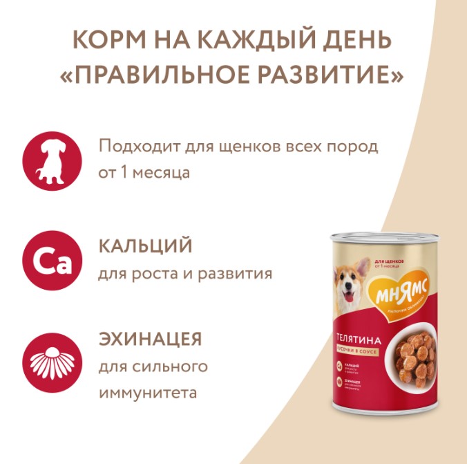 Влажный корм Мнямс Кусочки в соусе с телятиной для щенков всех пород «ПРАВИЛЬНОЕ РАЗВИТИЕ»