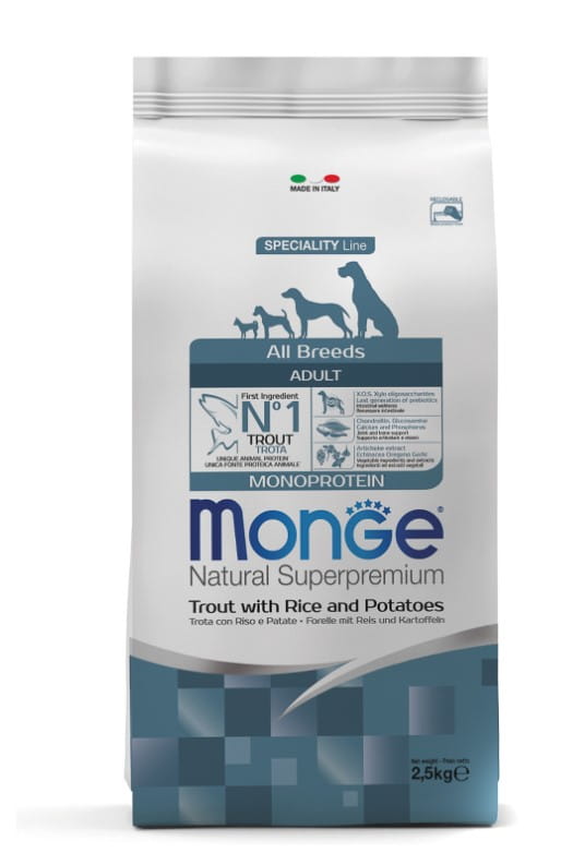 Каталог Сухой корм для собак Monge Dog Monoprotein Adult All Breeds (форель, рис) для собак