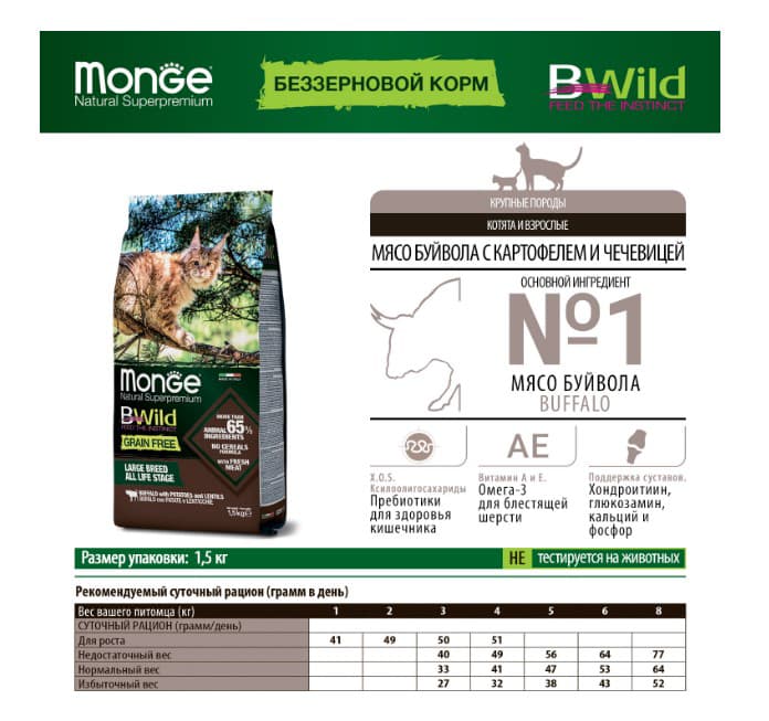 Сухой корм для кошек Monge Cat Bwild Grain Free Large Breed (буйвол)