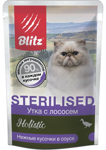 Мокрая еда для кошек Blitz Holistic Sterilised Cat in Gravy (утка, лосось)