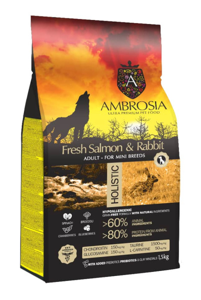 Пища для маленьких пород собак Сухой корм для собак Ambrosia Grain Free Dog Adult Mini Sensitive (лосось, кролик)