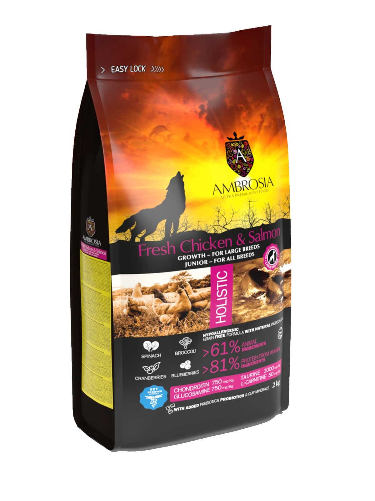 Еда для щенков крупных пород AMBROSIA GRAIN FREE (курица, лосось)