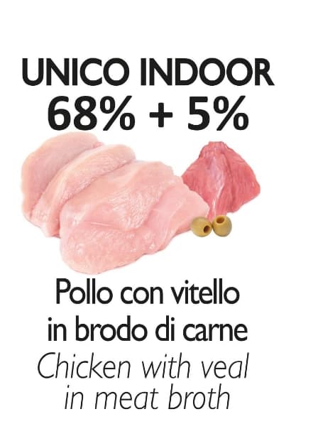 Консервы для кошек Unica Natura UNICO INDOOR Филе курицы с телятиной и оливками