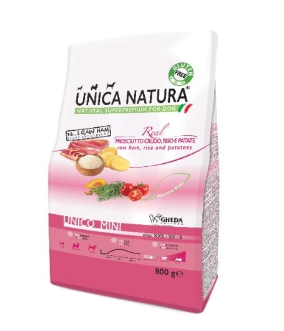 Рацион для собак Сухой корм для собак Unica Natura Unico Mini (Сыровяленая ветчина, рис, картофель)