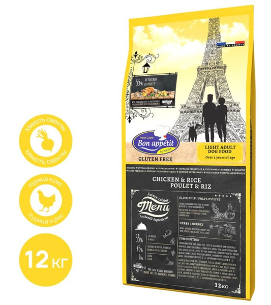 Еда для собак с избыточным весом Сухой корм для собак Bon Appetit DOG Light (курица, рис)