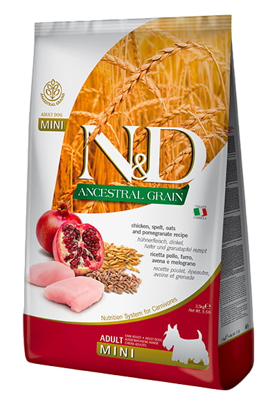 Каталог Сухой корм для собак Мини пород Farmina N&D LG Adult Mini (курица, гранат) для собак