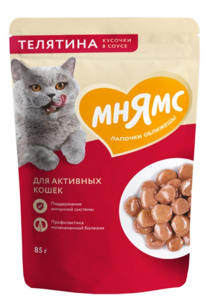 Влажный корм Мнямс Кусочки в соусе с телятиной для активных кошек