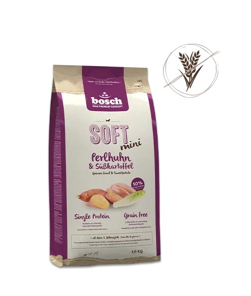 Питание для мелких собак Сухой корм для собак Bosch Soft Mini (цесарка с бататом)