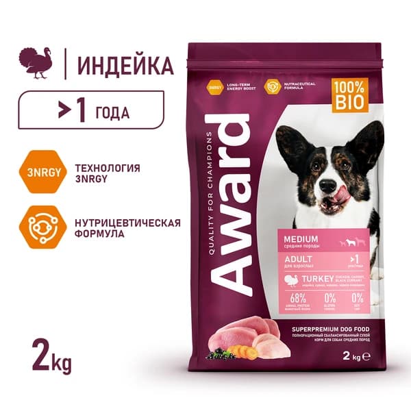 Еда для собак средних пород Award Adult Medium Dog (индейка, курица)