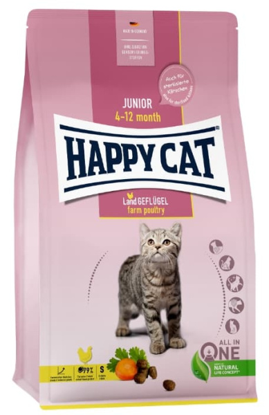 Сухой корм для кошек Happy Cat Junior LandGeflugel (птица) сбалансированный корм для котят в возрасте 4-12 месяцев