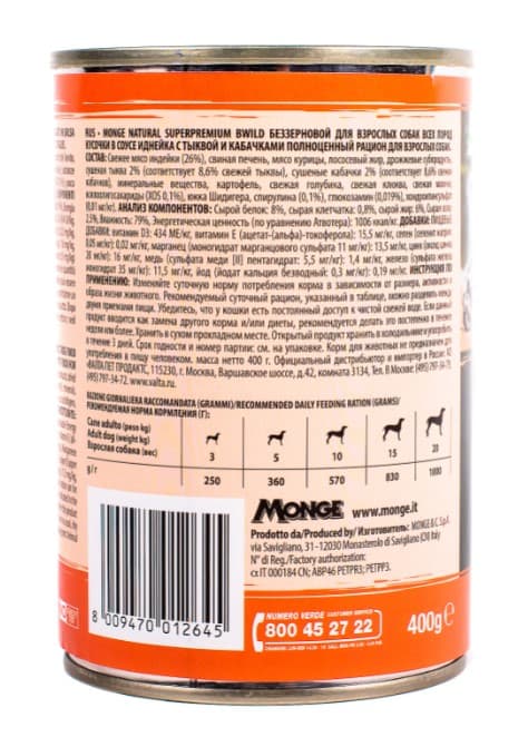 Консервы для собак Monge BWild GF Dog Adult All Breeds Turkey (индейка,тыква)