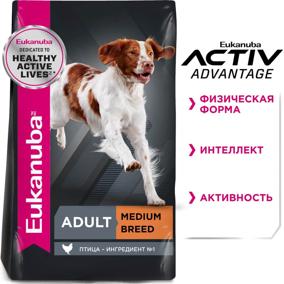 Пища для собак средних породСухой корм для собак Eukanuba Adult Medium Breed (птица)