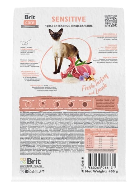 Сухой корм для кошек Brit Care Cat Sensitive Healthy Digestion (индейка, ягненок)