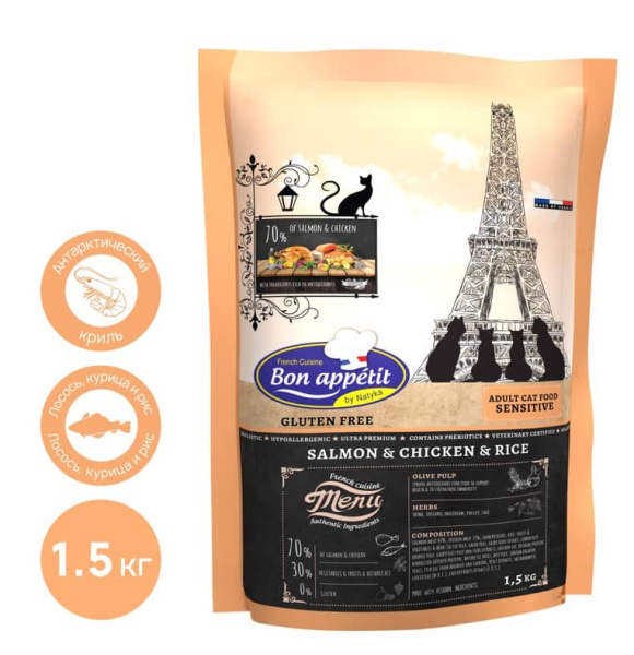Кошачий корм Bon Appetit CAT Adult Sensitive (лосось, курица)