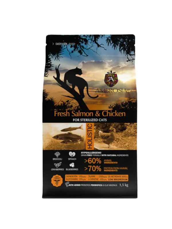 Пища для стерилизованных кошек Ambrosia Grain Free Sterilized Cat (курица, лосось)