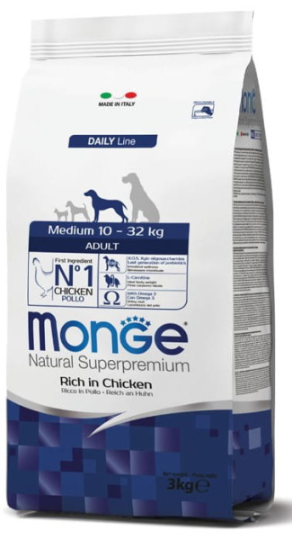 Каталог Сухой корм для собак Monge Dog Daily Line Medium Adult (курица, рис) для собак