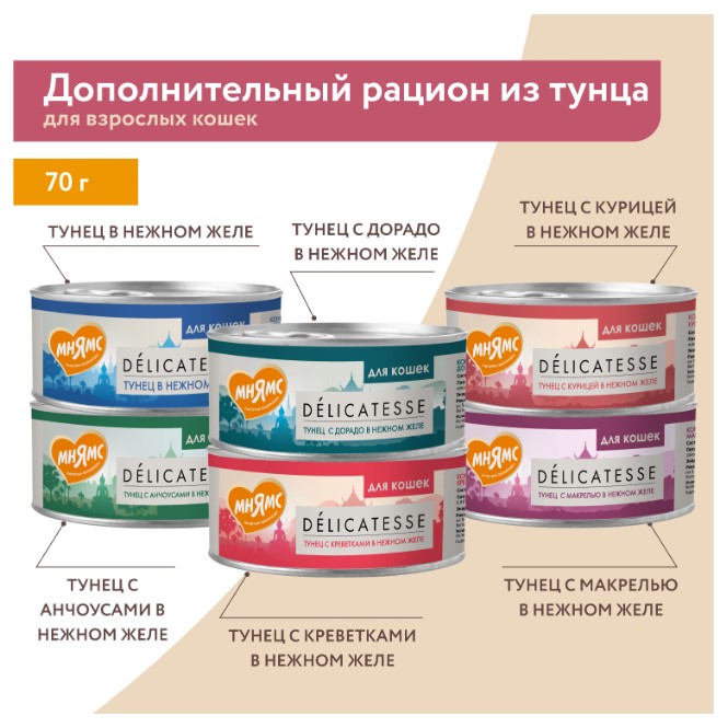 Влажный дополнительный корм Мнямс для кошек Тунец с дорадо в нежном желе