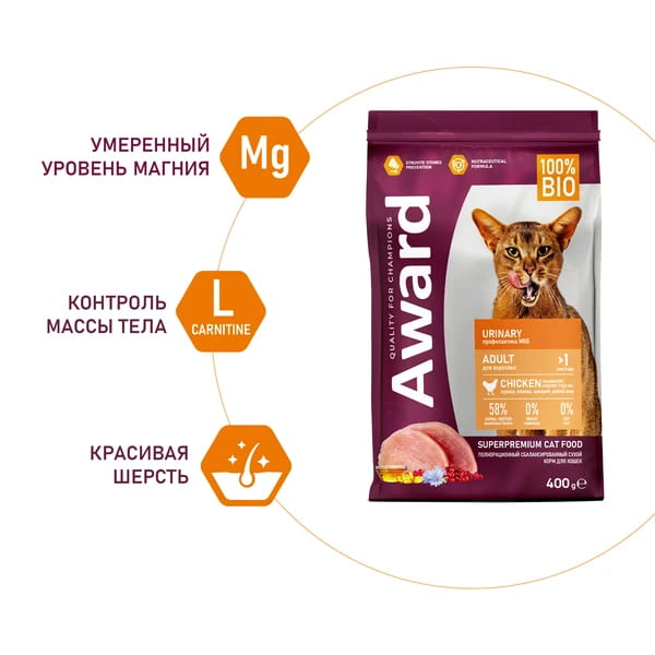 Рацион для кошек Сухой корм для кошек Award Cat Urinary (курица)