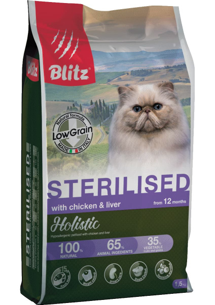 Сухой корм для кошек Blitz Holistic Adult Sterilised Cat (курица, печень)