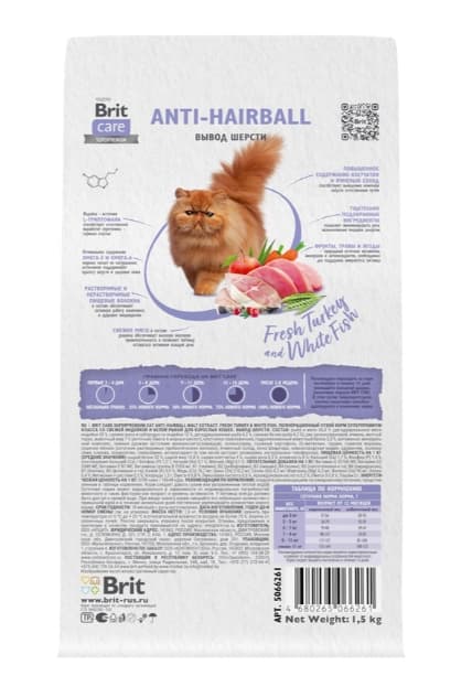 Сухой корм для кошек Brit Care Cat Anti-Hairball (рыба, индейка)