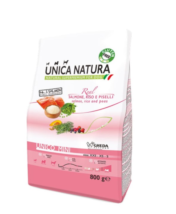 Еда для собак мелких пород Сухой корм для собак Unica Natura Unico Mini (Лосось, рис и горох)