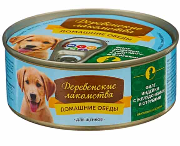 Консервы для собак Деревенские лакомства "Домашние обеды" филе индейки с желудочками и отруби 100 г