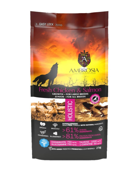Еда для щенков крупных пород AMBROSIA GRAIN FREE (курица, лосось)