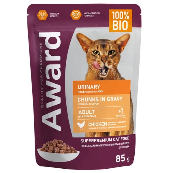 Еда для кота при МКБ Влажный корм для кошек Award Cat Urinary (курица в соусе) 