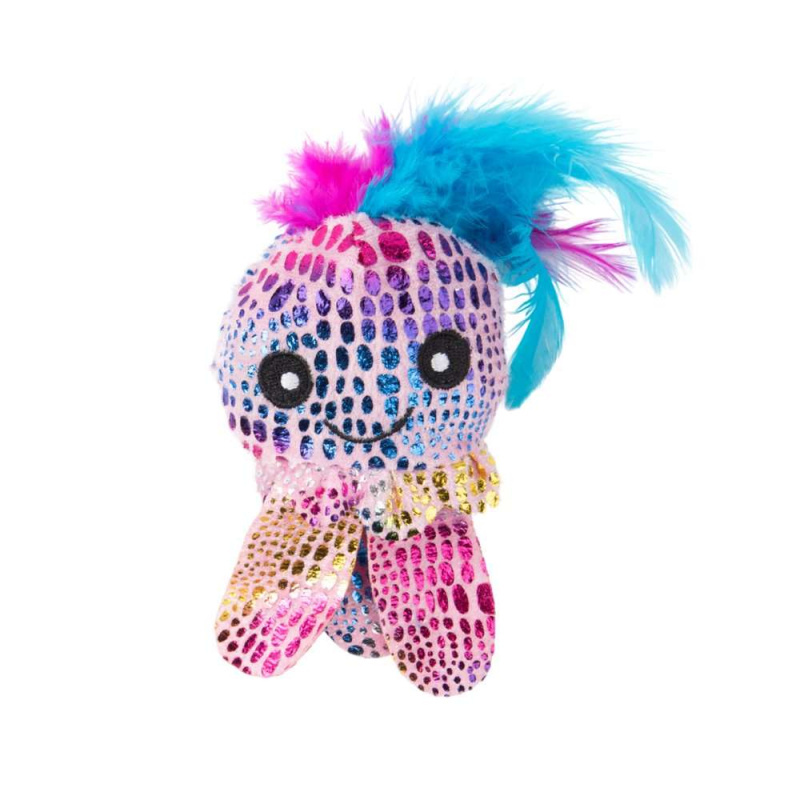 Mr.Kranch Игрушка для кошек Осьминожка плюшевая, с кошачьей мятой и перышками 6,5 см розовая