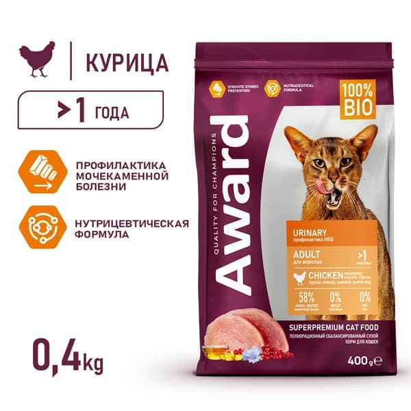 Рацион для кошек Сухой корм для кошек Award Cat Urinary (курица)
