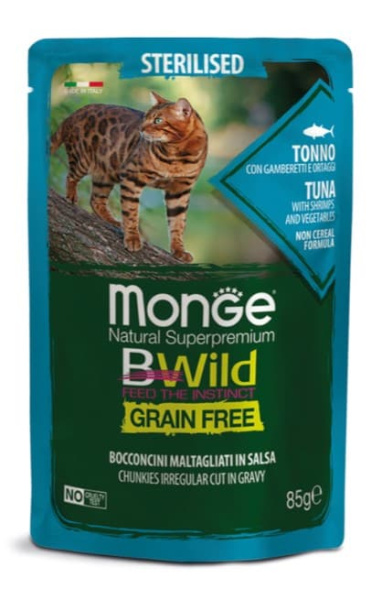 Влажный рацион для кошек для кошек Monge Cat BWild Sterilised Grain Free (тунeц, креветки, овощи)