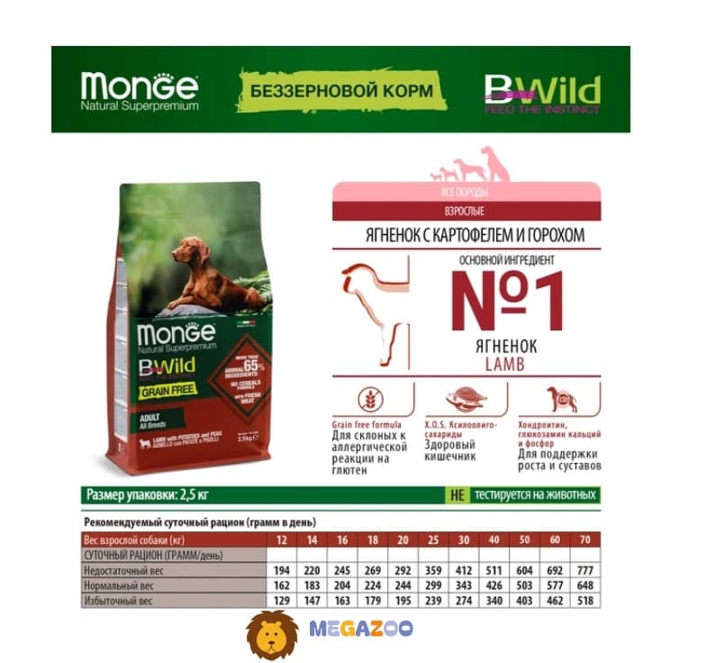 Питание для собак Monge Dog BWild GF Adult All Breeds (ягненок, картофель, горох)