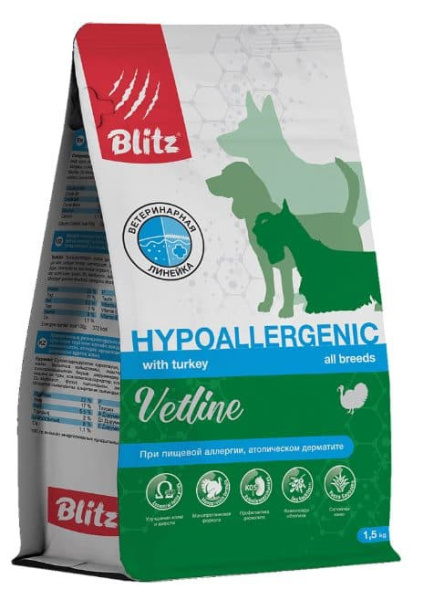 Каталог Сухой корм для собак BLITZ Dog Vetline Hypoallergenic (индейка) для собак