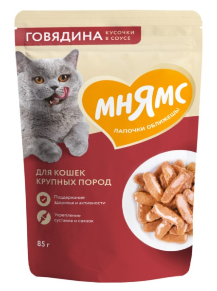 Влажный корм Мнямс Кусочки в соусе с говядиной для крупных кошек