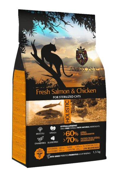 Пища для стерилизованных кошек Ambrosia Grain Free Sterilized Cat (курица, лосось)