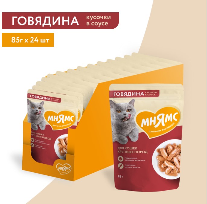 Влажный корм Мнямс Кусочки в соусе с говядиной для крупных кошек