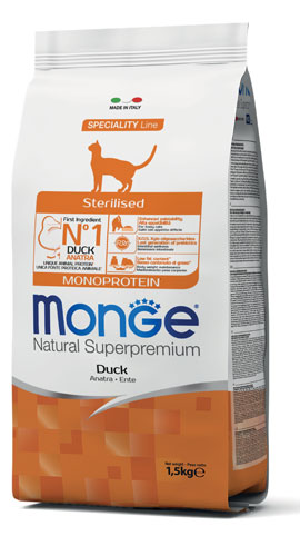 Сухой корм для кошек Monge Cat Monoprotein Sterilized (утка)