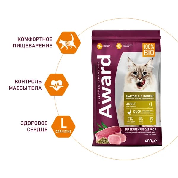 Рацион для вывода шерсти у кошек Award Cat Hairball & Indoor (утка, индейка)