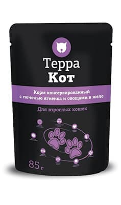 Пресервы для взрослых кошек Терра Кот с печенью ягненка и овощами в желе
