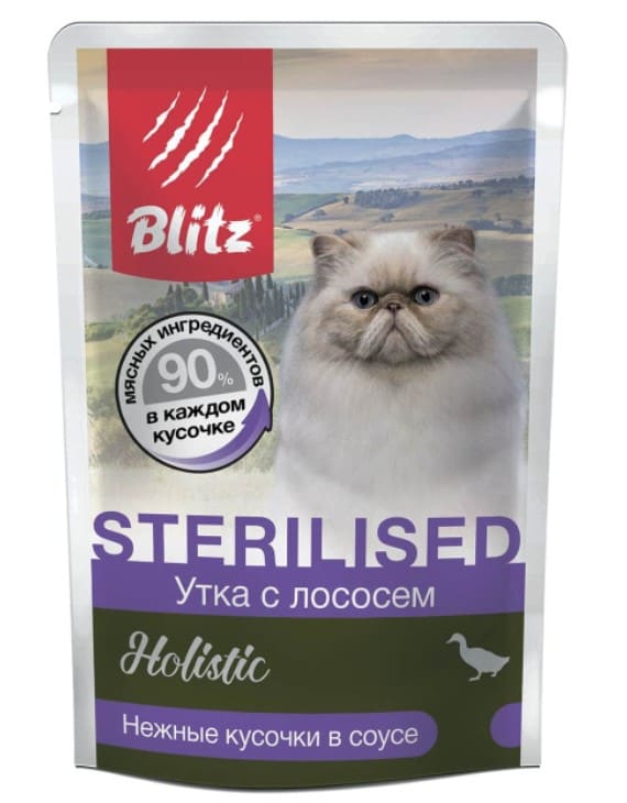 Мокрая еда для кошек Blitz Holistic Sterilised Cat in Gravy (утка, лосось)