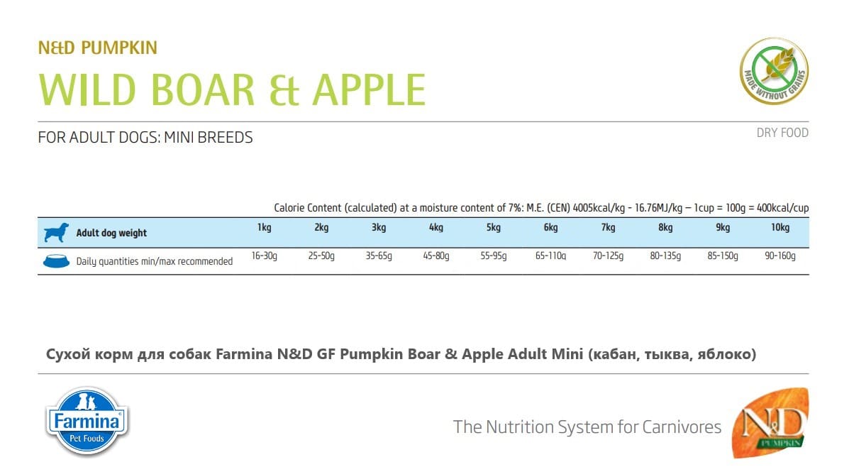 Полнорационный корм для собак Сухой корм для собак Farmina N&D GF Pumpkin Boar & Apple Adult Mini (кабан, тыква, яблоко)