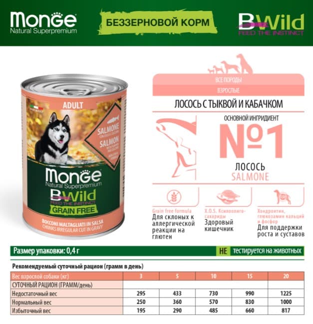 Консервы для собак Monge BWild GF Dog Adult All Breeds (лосось,тыква)