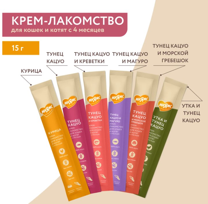 Крем-лакомство Мнямс для кошек с тунцом Кацуо и креветками