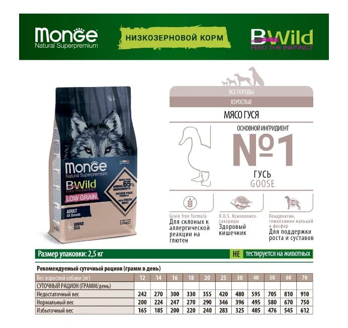 Каталог Сухой корм для собак Monge Dog BWild LG Adult All Breeds (гусь) для собак