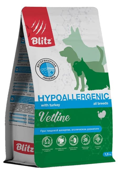 Каталог Сухой корм для собак BLITZ Dog Vetline Hypoallergenic (индейка) для собак