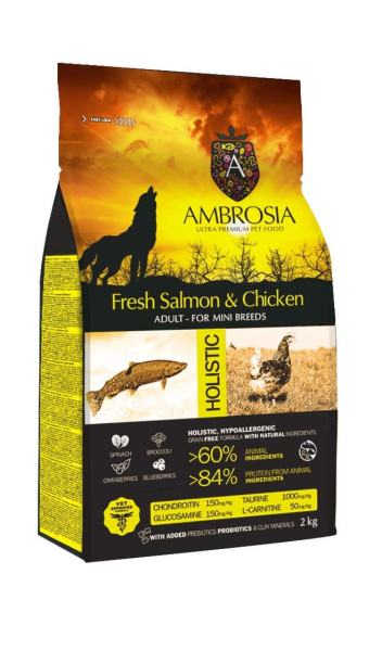 Еда для собак мини пород Сухой корм для собак Мини пород Ambrosia Grain Free Dog Adult Mini (лосось, курица)