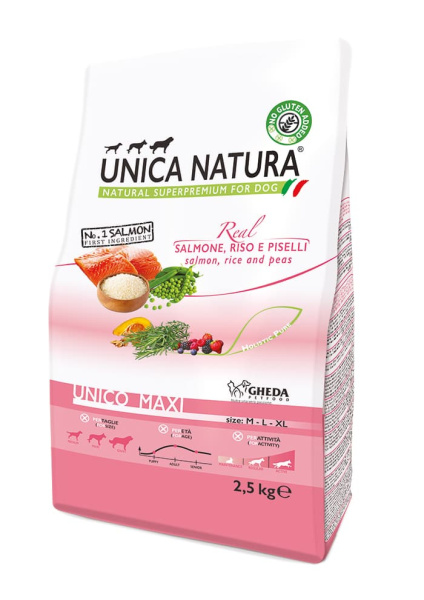 Рацион для собак Сухой корм для собак Unica Natura Unico Maxi (Лосось, рис и горох)