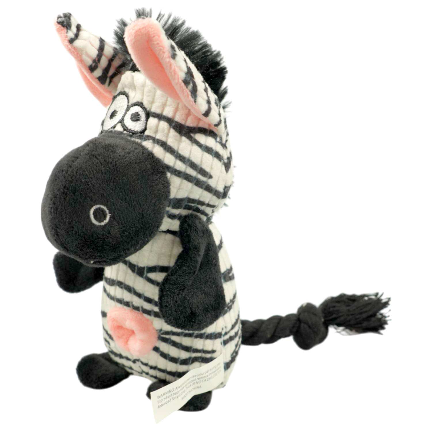 Игрушка Mr.Kranch для собак Зебра плюшевая с канатиками, пищалкой и карманом под лакомство 21 см