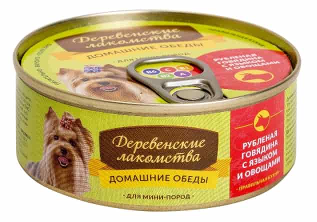 Консервы для собак Деревенские лакомства "Домашние обеды" рубленая говядина с языком и овощами 100 г